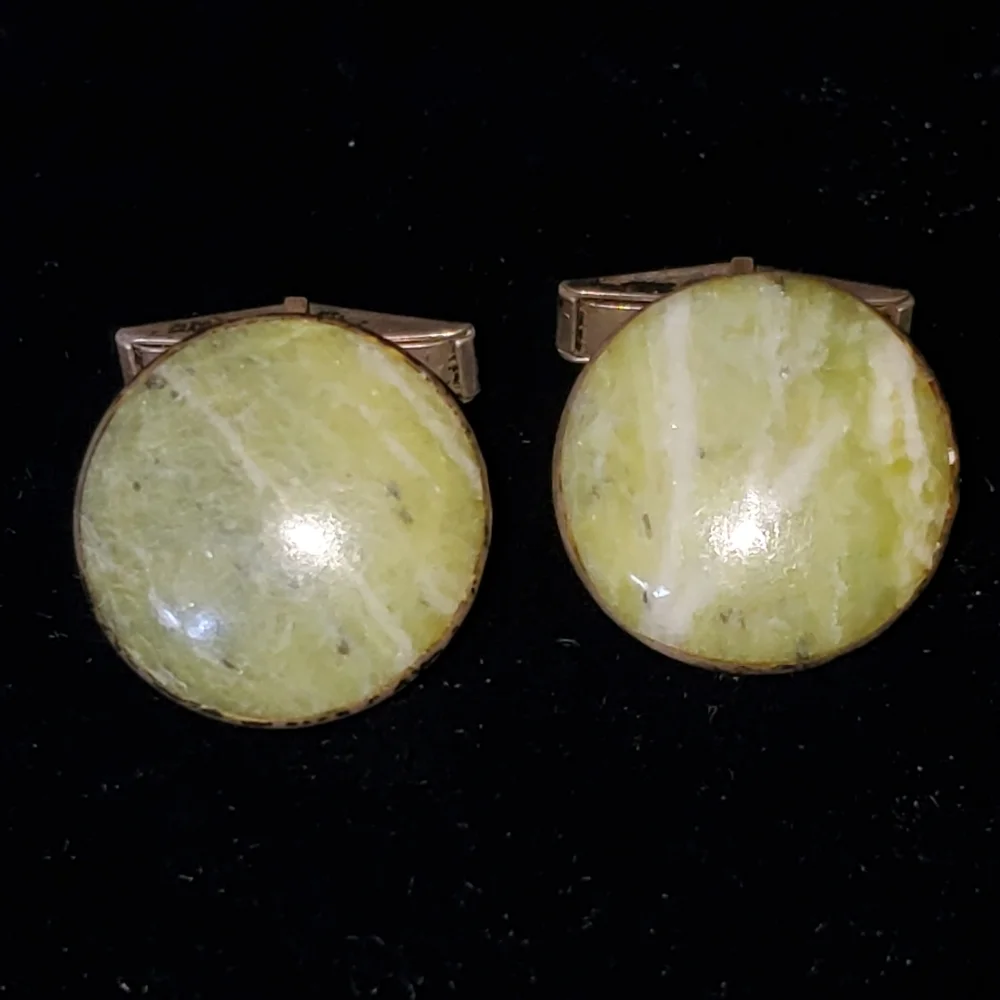 Vintage Sterling Green Banded Agate Marble Cufflinks Mid-century